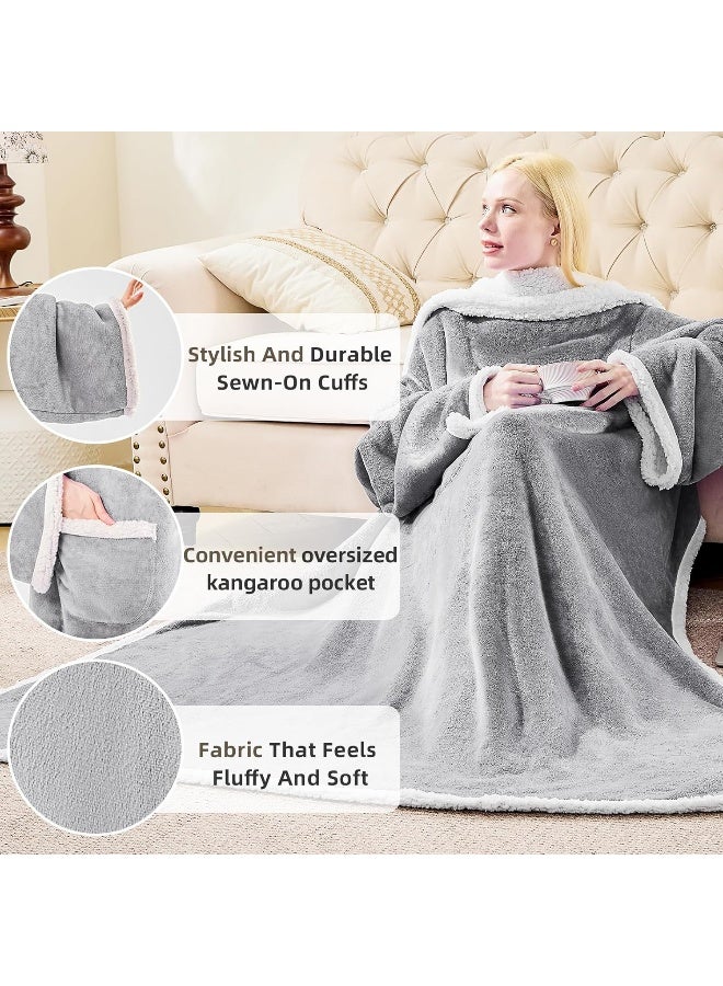 IFNOW Sherpa Wearable Blanket with Sleeves for Women Men Adults, Cozy Wearable Blanket with Arm and Pocket, Warm Full Body TV Wrap Throw Blanket, Soft Robe Blanket as Gifts for Mom Wife, Grey - Image 3
